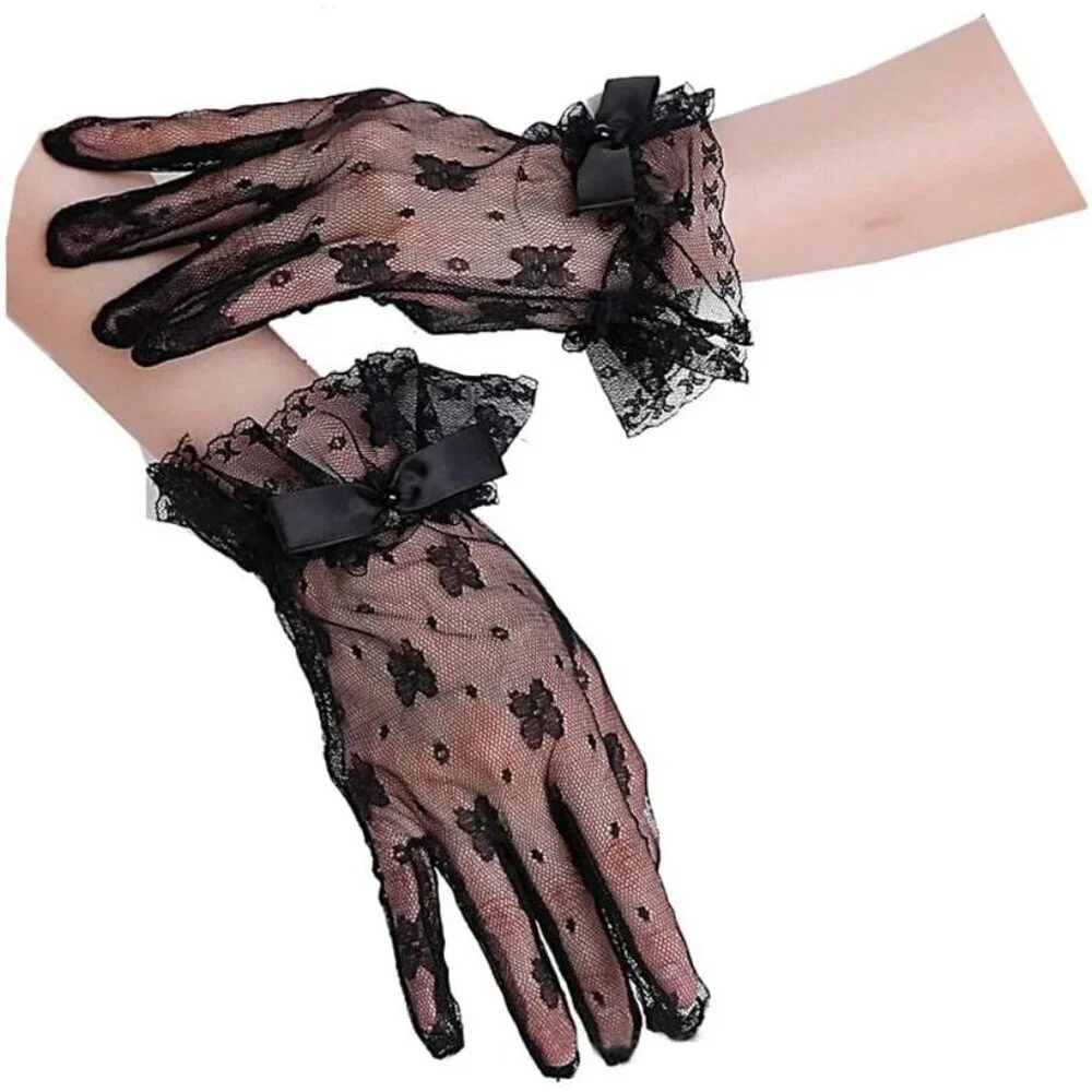 Women's Black#1 Evening Short Bow Pearls Lace Ruffle Gloves Wedding Party Prom